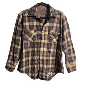 VTG PATCHED Ponderosa Wool Blend Plaid Rugged Button Top Mens XL Grunge Academia